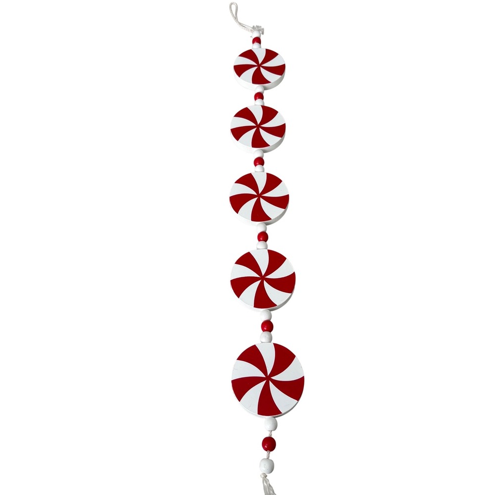 Hobby Lobby Peppermint Candy Wooden Bead Garland Red White Christmas Decor 24in